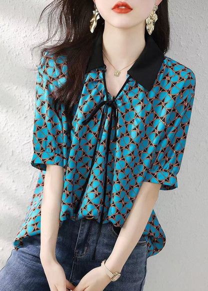 Natural Blue Peter Pan Collar Print Silk Shirts Summer BV011