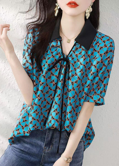 Natural Blue Peter Pan Collar Print Silk Shirts Summer BV011