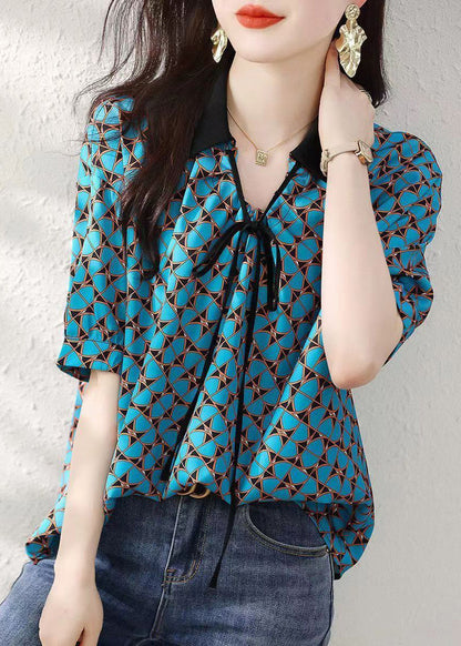 Natural Blue Peter Pan Collar Print Silk Shirts Summer BV011