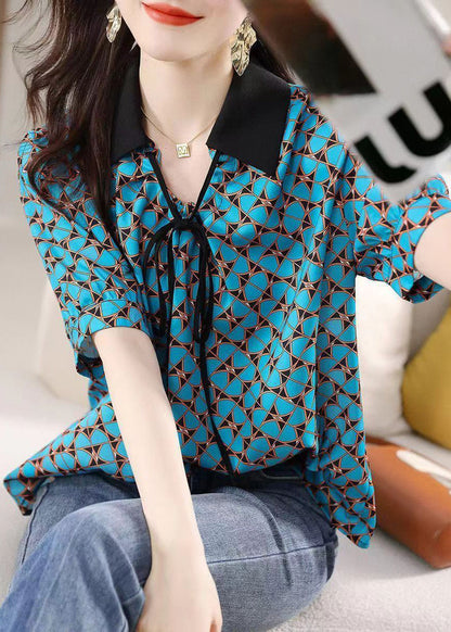 Natural Blue Peter Pan Collar Print Silk Shirts Summer BV011