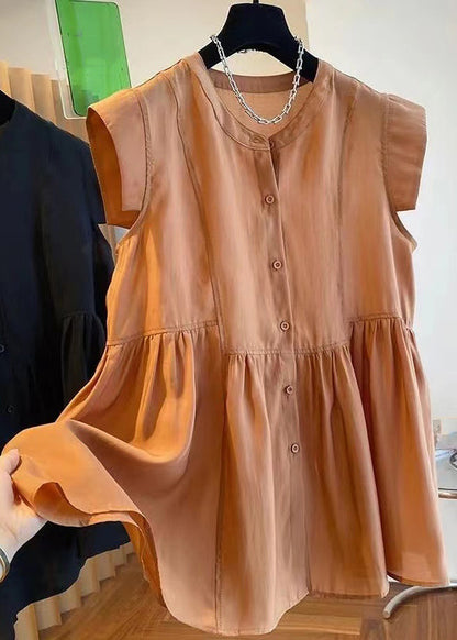 Chemise en mousseline de soie froissée à manches courtes et boutons en patchwork caramel naturel VB1066