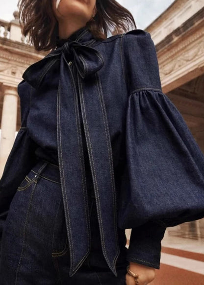 Shirt Natural Spring Dark Denim Stand Bow Blue Patchwork Collar