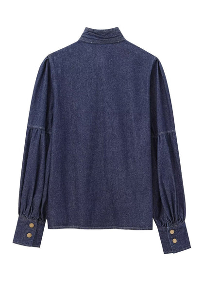 Shirt Natural Spring Dark Denim Stand Bow Blue Patchwork Collar