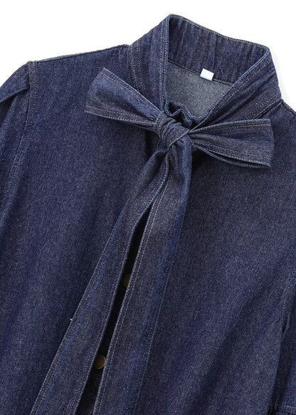 Shirt Natural Spring Dark Denim Stand Bow Blue Patchwork Collar