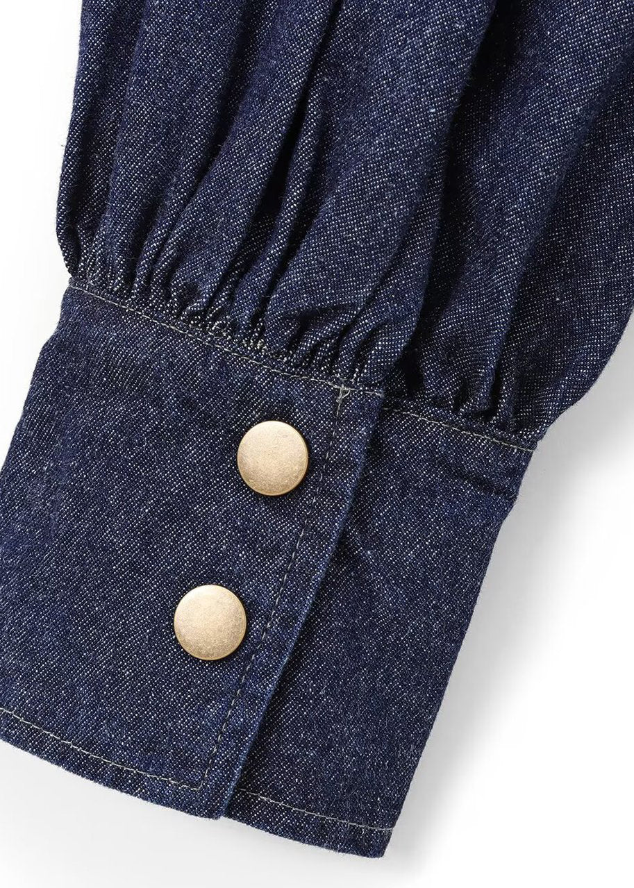 Shirt Natural Spring Dark Denim Stand Bow Blue Patchwork Collar