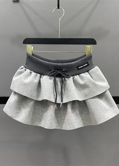 Elastic Natural Drawstring Line Waist Skirts A Grey