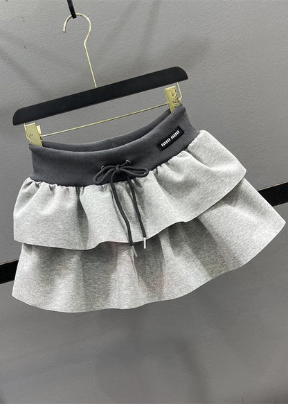 Elastic Natural Drawstring Line Waist Skirts A Grey