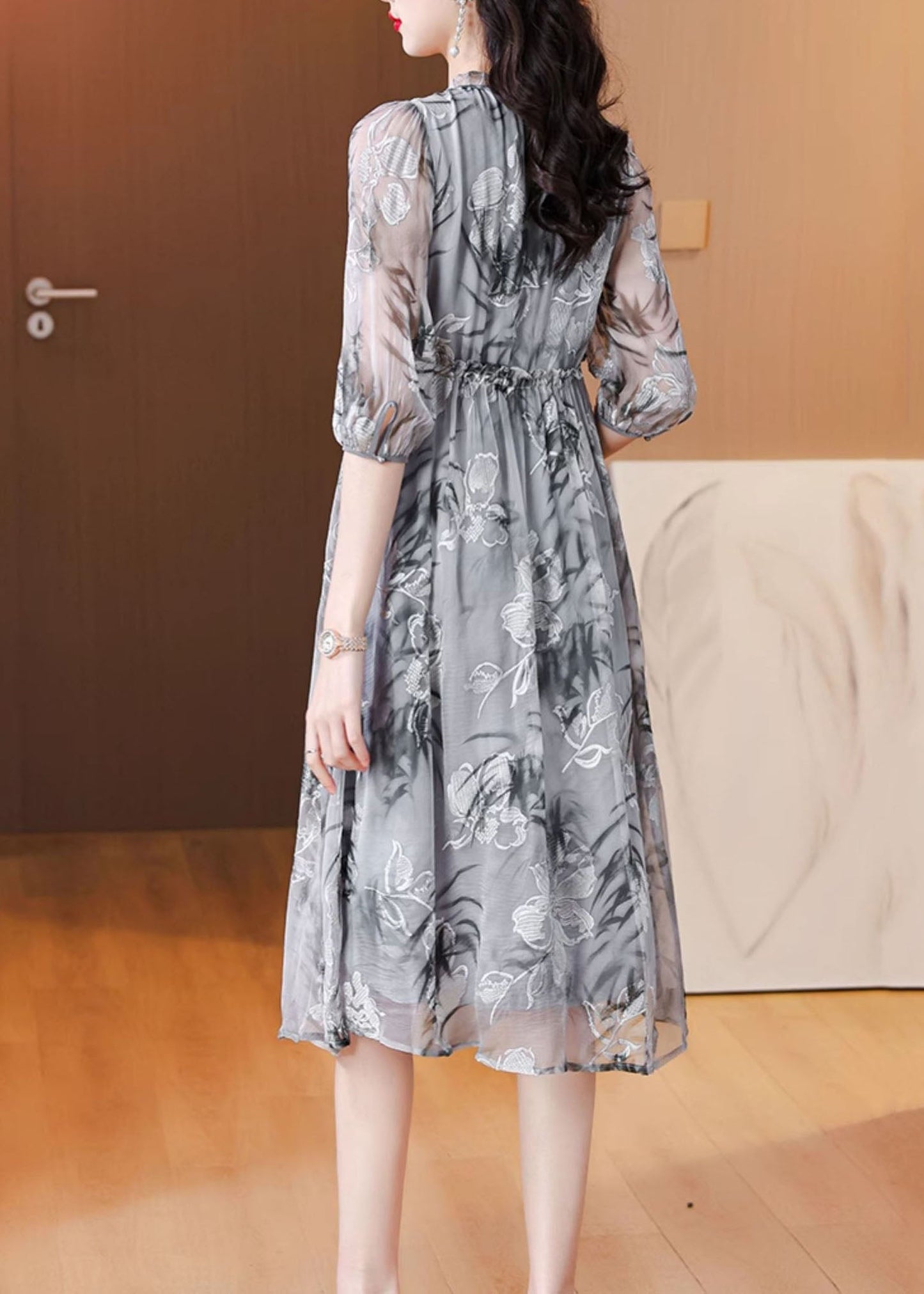 Natural Grey V Neck Ruffled Print Silk Dress Summer BB016