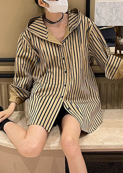 Button Natural Hooded Spring Striped Khaki Shirts