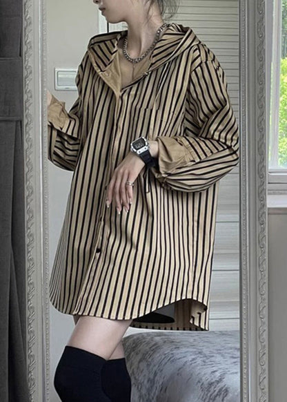 Button Natural Hooded Spring Striped Khaki Shirts