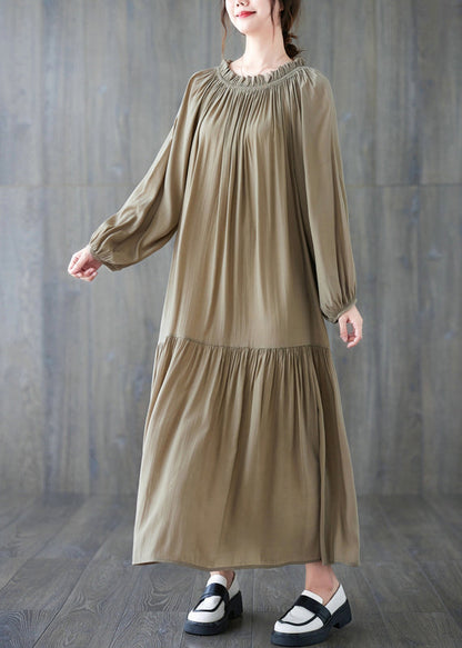 Natural Khaki Wrinkled Drawstring Chiffon Long Dress Long Sleeve GH1020