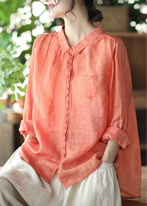 Natural Orange Peter Pan Collar Ramie Shirt Spring Long Sleeve UU020