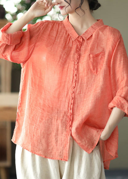 Natural Orange Peter Pan Collar Ramie Shirt Spring Long Sleeve UU020