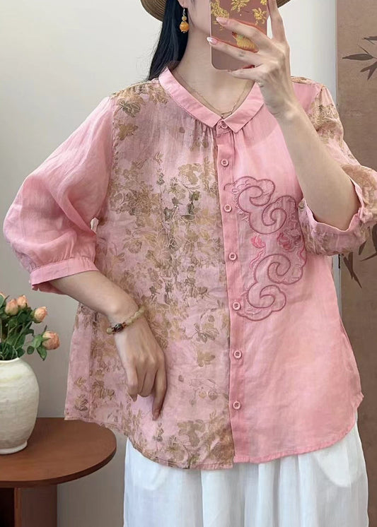 Natural Pink O-Neck Embroidered Patchwork Print Linen Top Spring GH1073