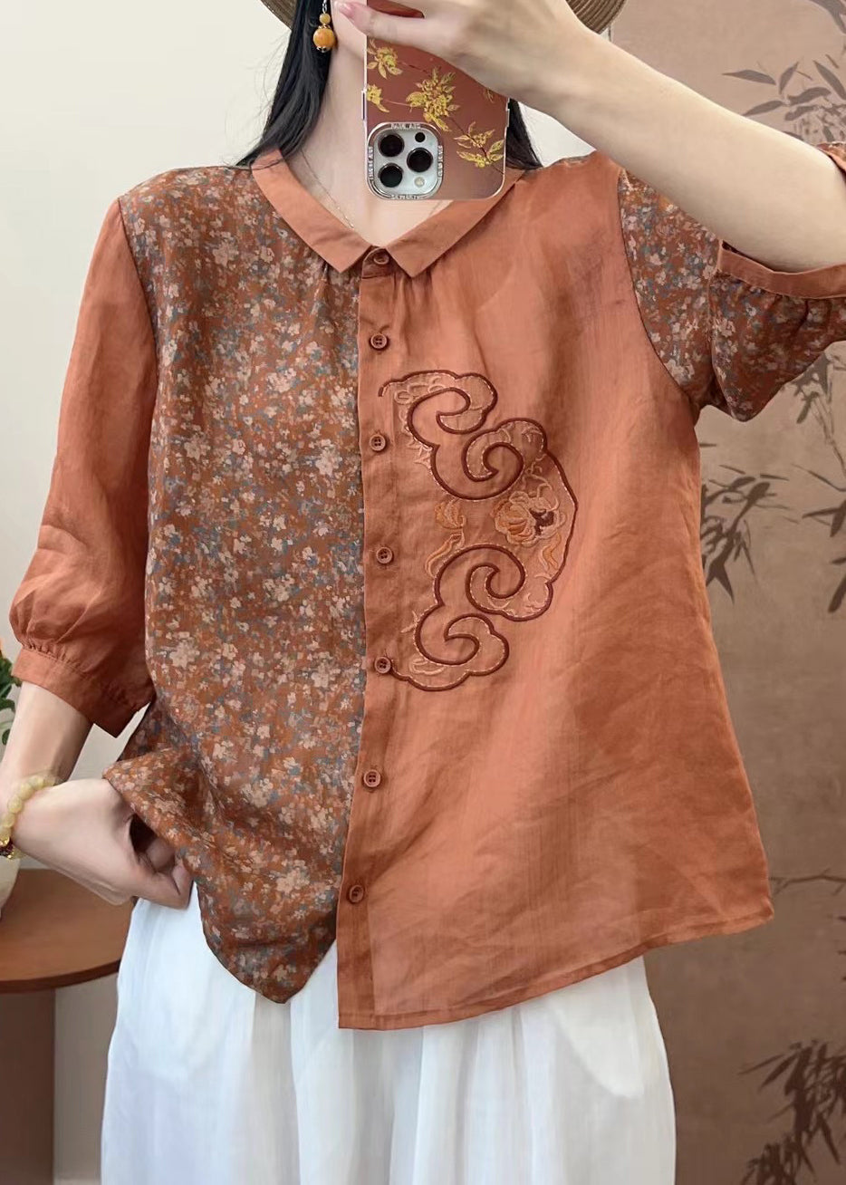 Natural Pink O-Neck Embroidered Patchwork Print Linen Top Spring GH1073