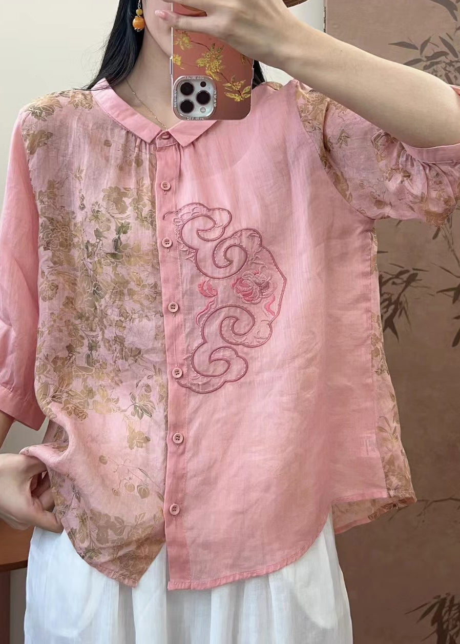 Natural Pink O-Neck Embroidered Patchwork Print Linen Top Spring GH1073