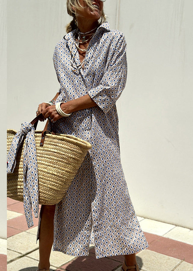 Button Natural Striped Maxi Pink Open Collar Side Peter Pan