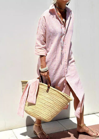 Button Natural Striped Maxi Pink Open Collar Side Peter Pan