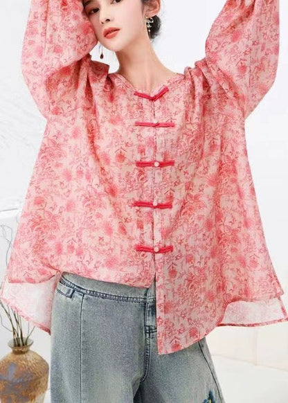 Natural Pink Print Chinese Button Cotton Shirts Top Long Sleeve BV088