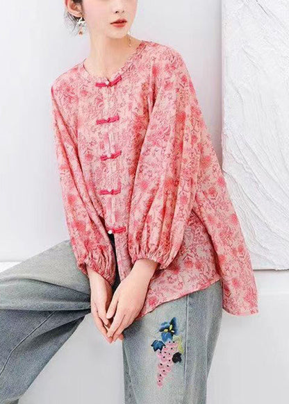 Natural Pink Print Chinese Button Cotton Shirts Top Long Sleeve BV088