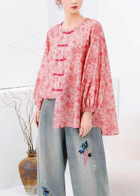 Natural Pink Print Chinese Button Cotton Shirts Top Long Sleeve BV088