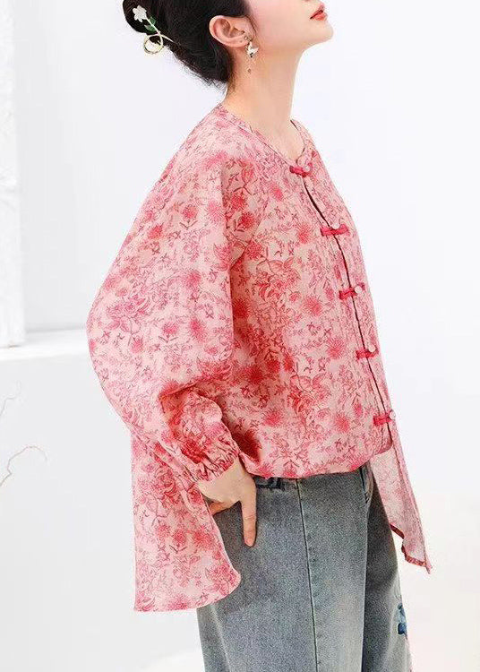 Natural Pink Print Chinese Button Cotton Shirts Top Long Sleeve BV088