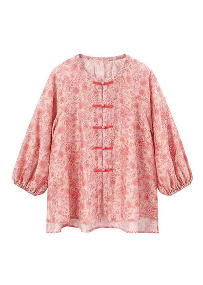 Natural Pink Print Chinese Button Cotton Shirts Top Long Sleeve BV088