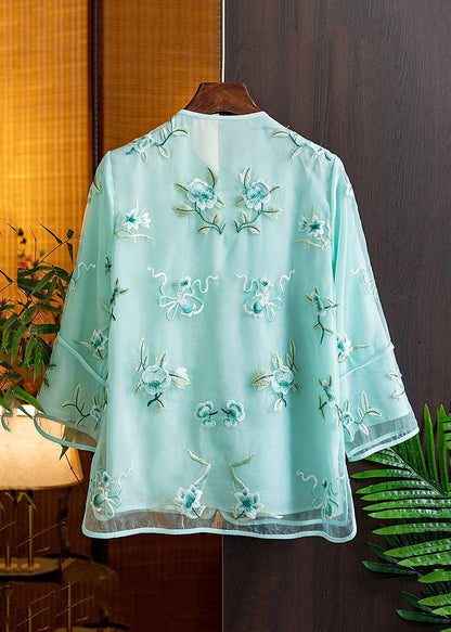 Natural Pink V Neck Embroidered Floral Tulle Shirts Spring AM1055