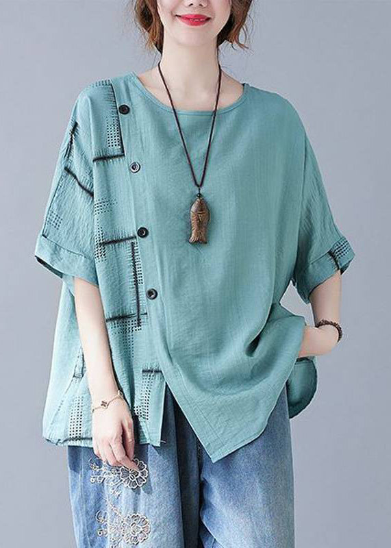Turquoise Summer Natural Asymmetrical Plaid Tops