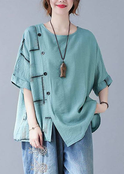 Turquoise Summer Natural Asymmetrical Plaid Tops