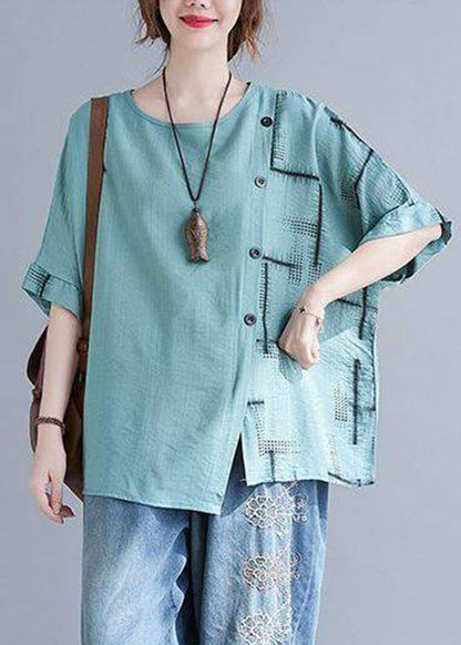 Turquoise Summer Natural Asymmetrical Plaid Tops