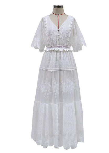 V Natural Jacquard Lace Summer Neck Robe Dresses White