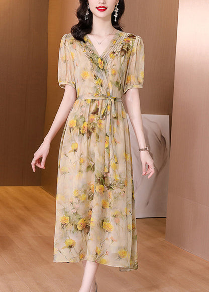 Natural Yellow V Neck Print Lace Up Silk Dress Summer BB023