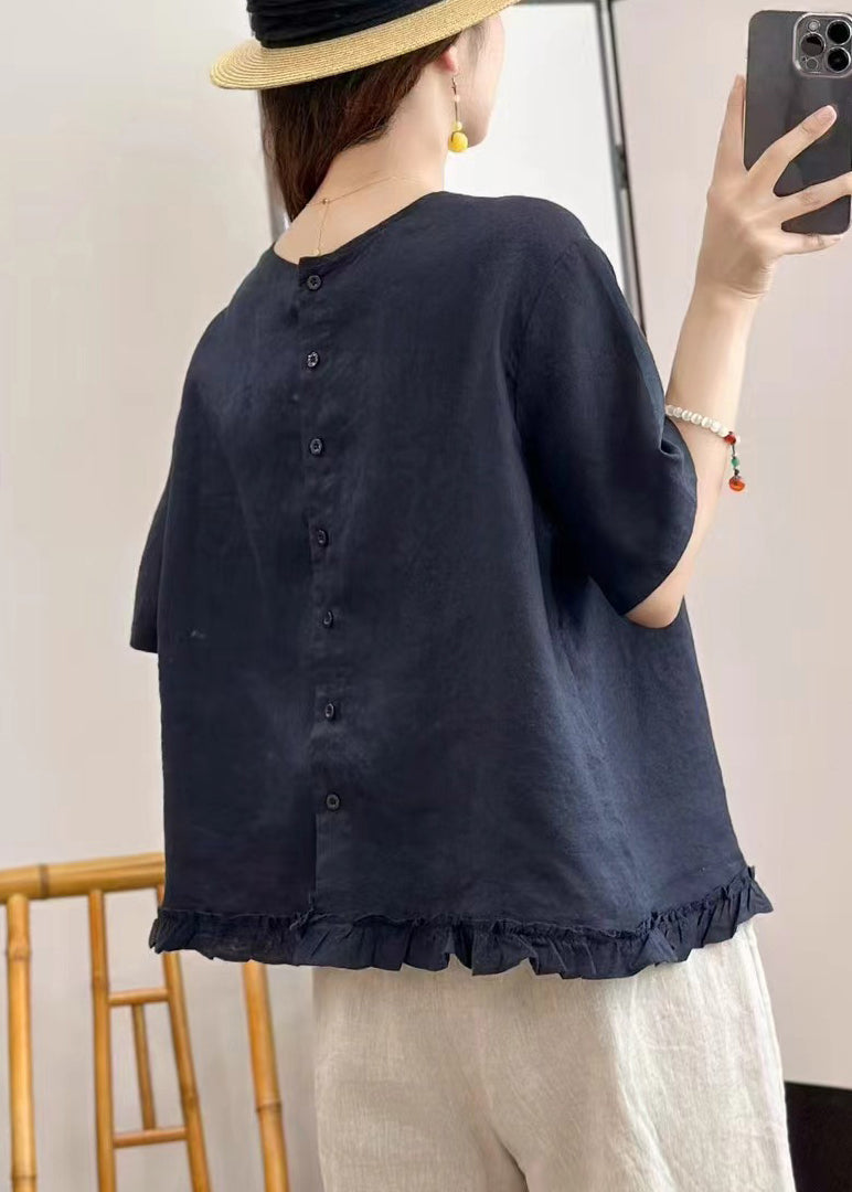 Neck Navy Button Blouse Solid O Linen Tops Summer