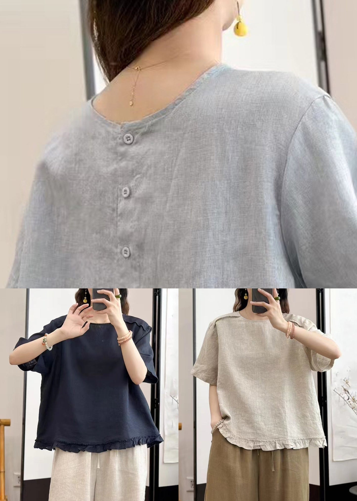 Neck Navy Button Blouse Solid O Linen Tops Summer
