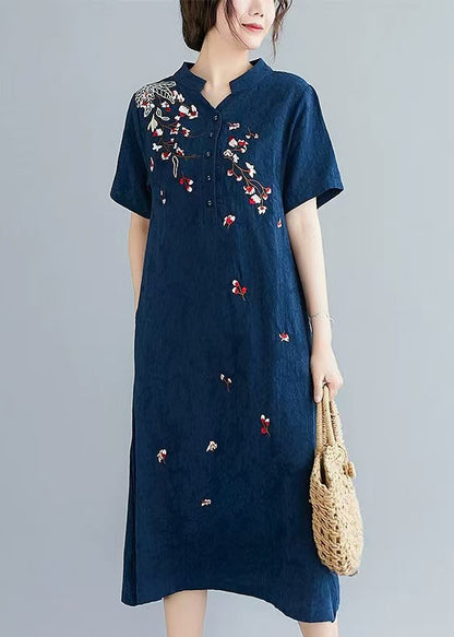 Linen Embroidered Summer Mid Navy Jacquard Dresses