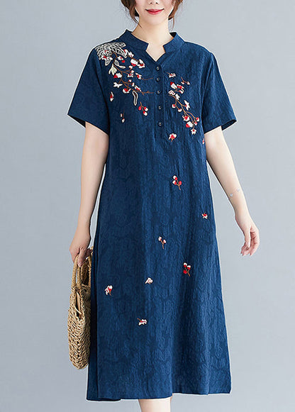 Linen Embroidered Summer Mid Navy Jacquard Dresses