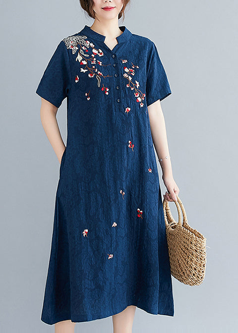 Linen Embroidered Summer Mid Navy Jacquard Dresses