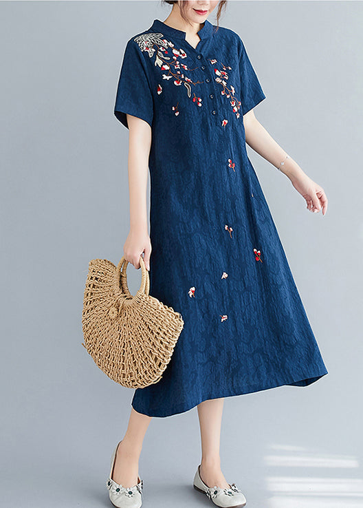 Linen Embroidered Summer Mid Navy Jacquard Dresses