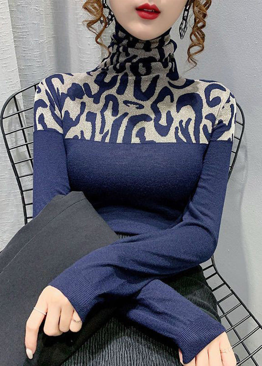 Spring Slim Cotton Navy Patchwork Top Fit Turtleneck