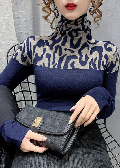 Spring Slim Cotton Navy Patchwork Top Fit Turtleneck