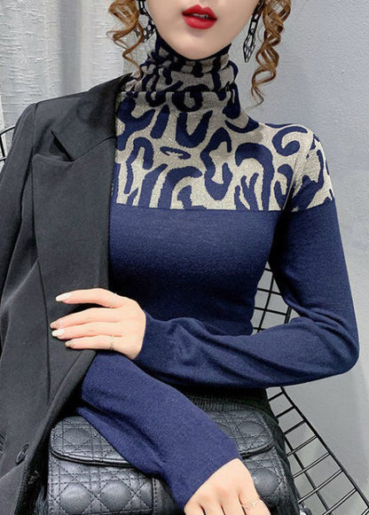 Spring Slim Cotton Navy Patchwork Top Fit Turtleneck