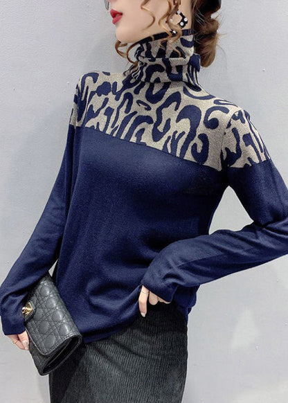 Spring Slim Cotton Navy Patchwork Top Fit Turtleneck