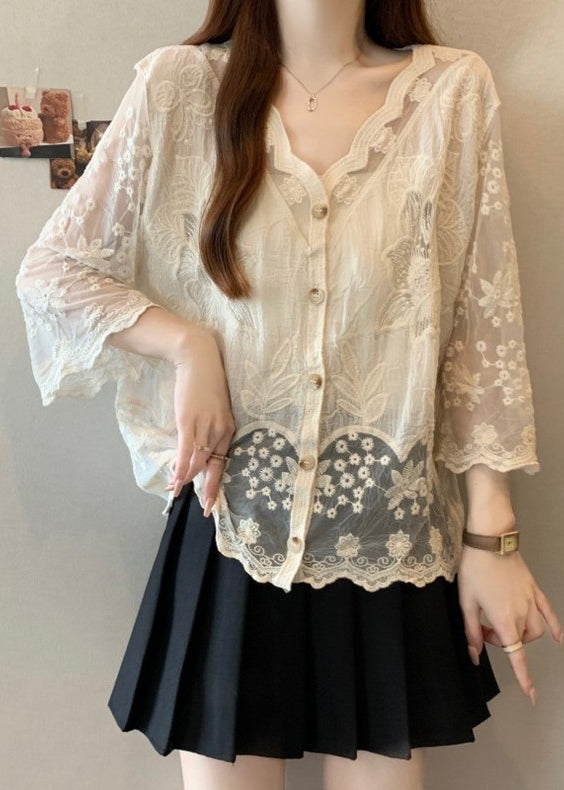 Cotton Embroidered Button Sleeve New Bracelet Shirts Apricot
