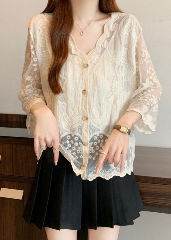 Cotton Embroidered Button Sleeve New Bracelet Shirts Apricot