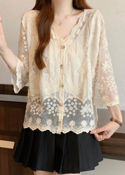Cotton Embroidered Button Sleeve New Bracelet Shirts Apricot