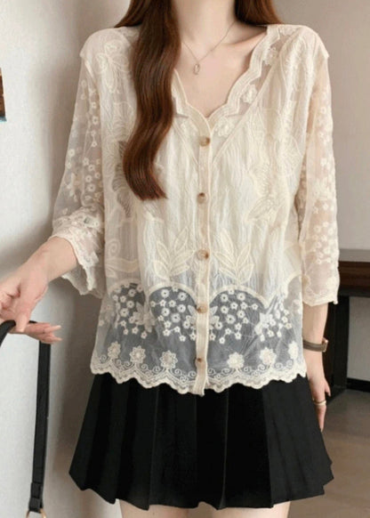Cotton Embroidered Button Sleeve New Bracelet Shirts Apricot