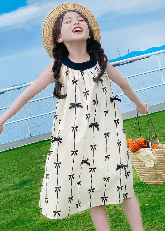 Neues Apricot O Neck Print Baumwolle Mädchen Kleid Ärmellos EW035