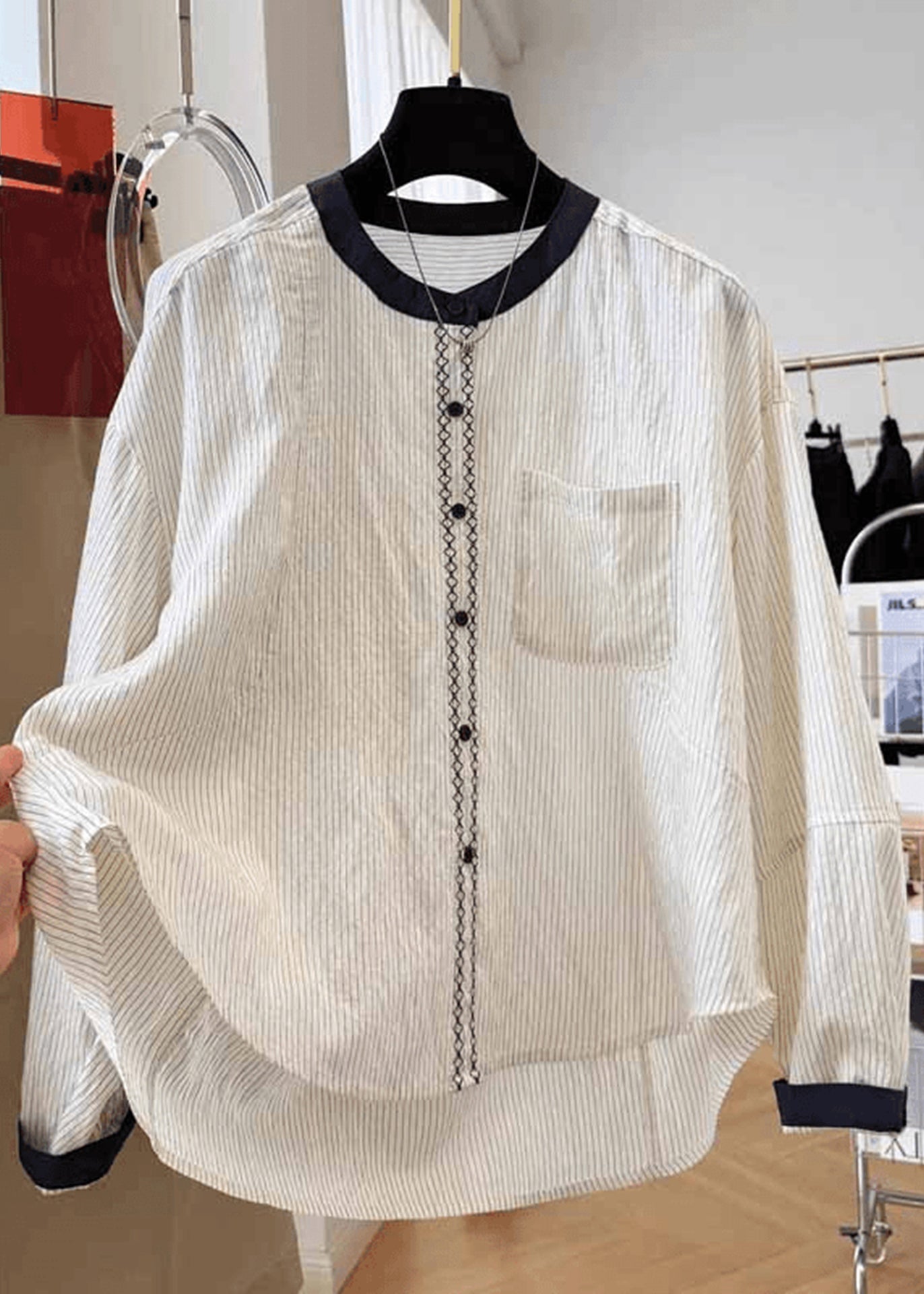 Fall Tops O Cotton Striped Pockets New Blouse Apricot Neck