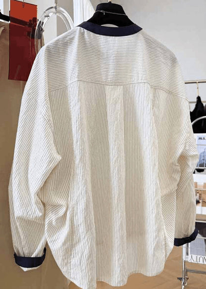 Fall Tops O Cotton Striped Pockets New Blouse Apricot Neck